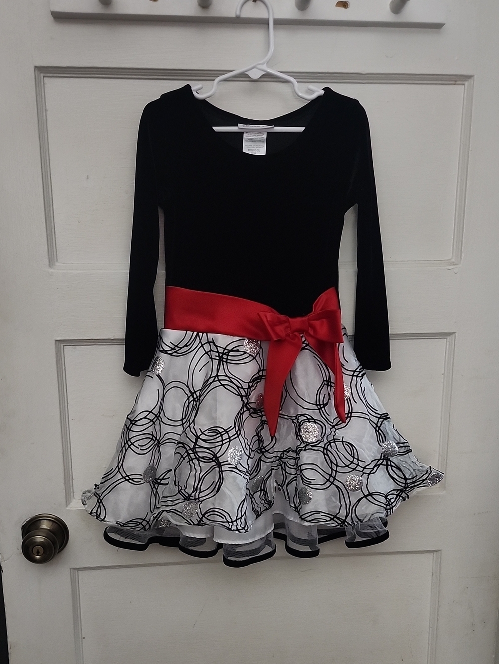 Bonnie Jean Black Velvet Dress with Red Sash and White Patterned Skirt